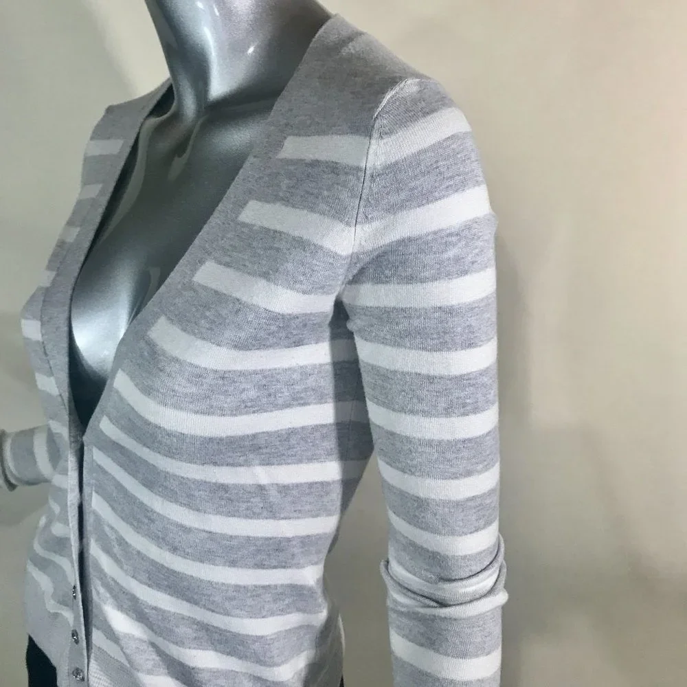 Express Women's XS Grey White Striped V Neck Cardigan Sweater Thin Knit Rhinesto